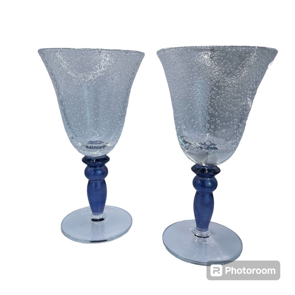 Pottery‎ Barn PBY6 Stemmed Wine Glasses Clear Bubbled Bowl Blue Stems Set of 2